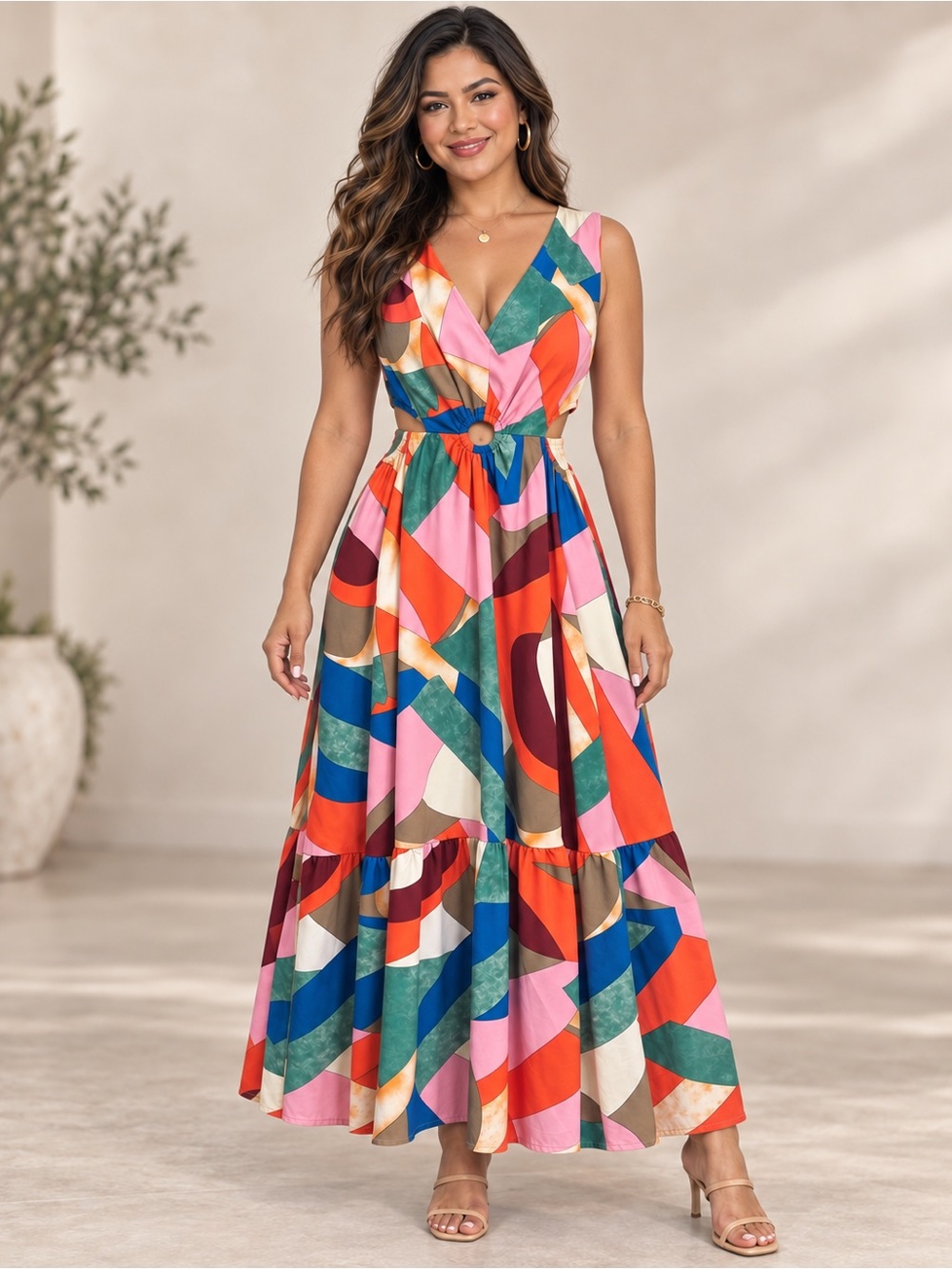 entro Bright Multi-Color Geometric V-Neck Maxi Dress